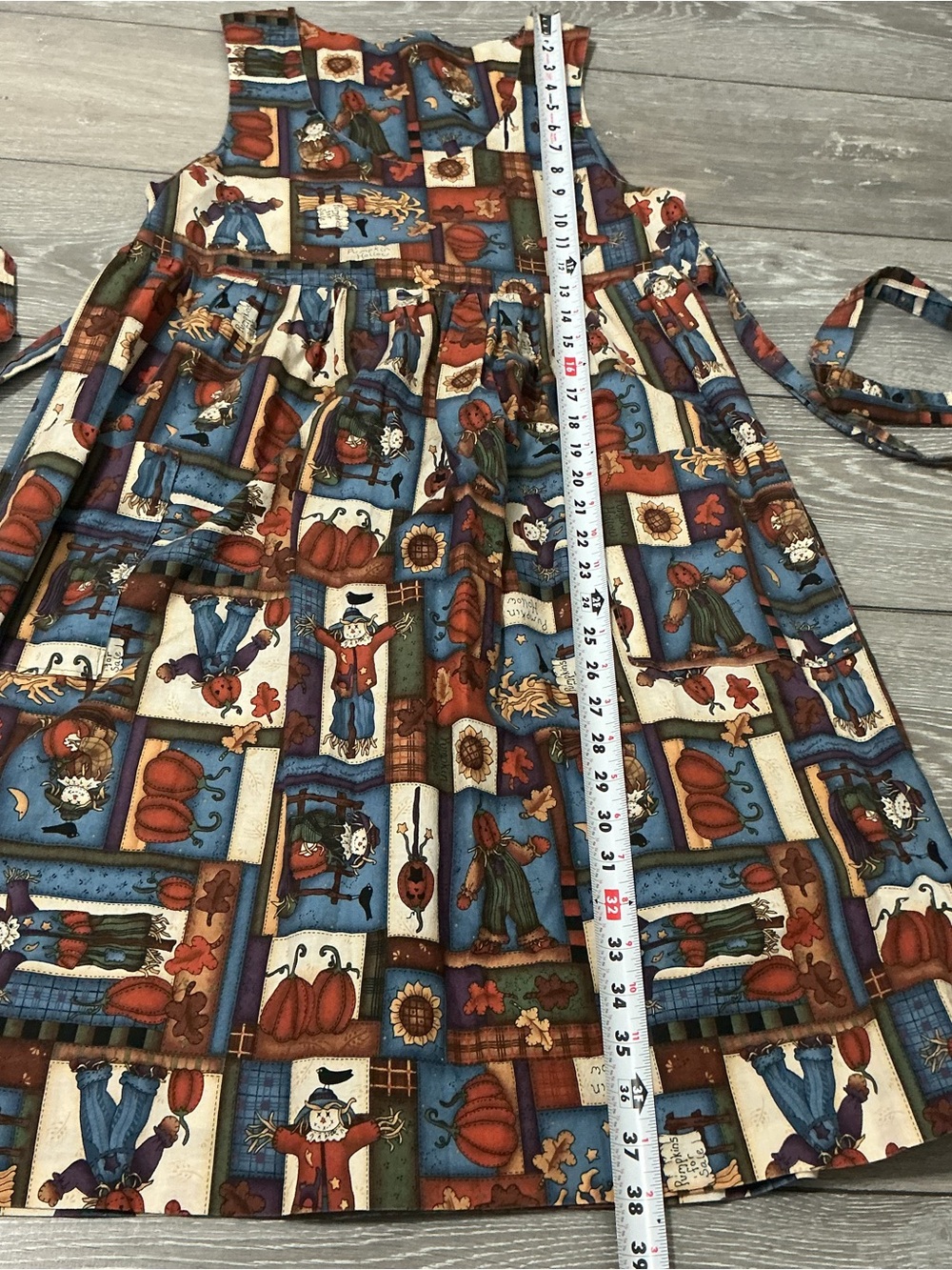 🎃Handmade Autumn Folk Art Scarecrow Jackolantern Harvest Pinafore Dress aprox S - Picture 6 of 8